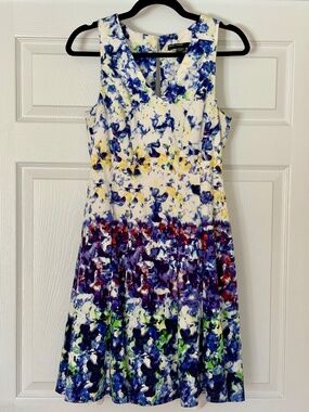 Maggy London Fit & Flare Dress, Abstract Floral Watercolor, Wedding Guest, Sz 6